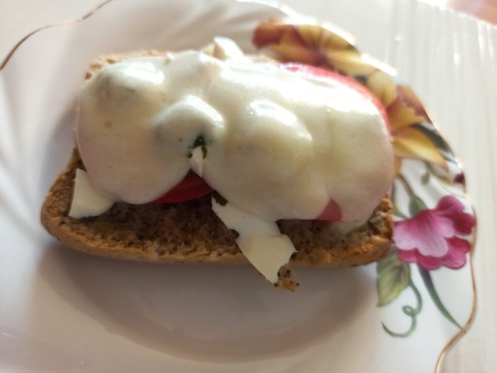 Na talerzu leży bruschetta z pomidorami i rozpuszczonym serem.